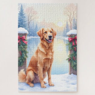 Chesapeake Bay Retriever Winter Lakeside Christmas Jigsaw Puzzle