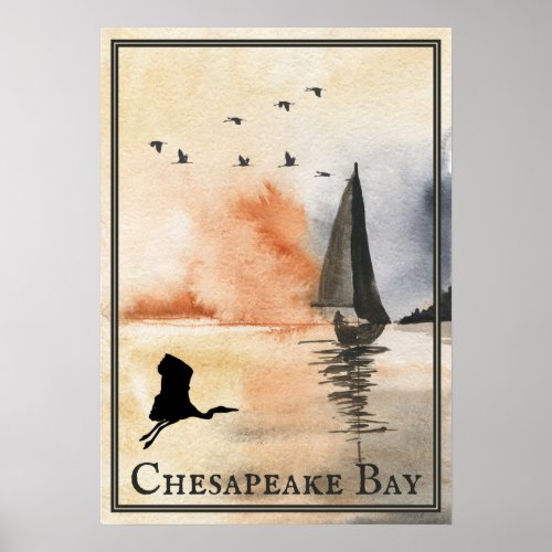 Chesapeake Bay Sailboat and Birds Sunset Poster