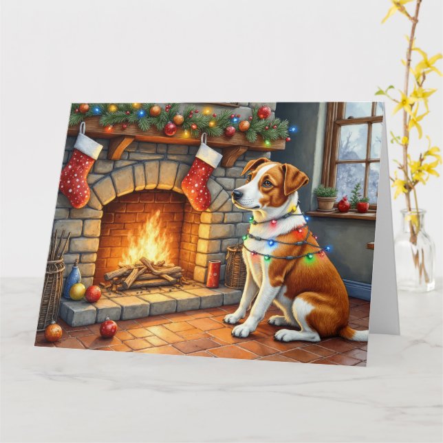 Chesapeake Bay Terrier Fireplace Christmas Lights Card (Yellow Flower)