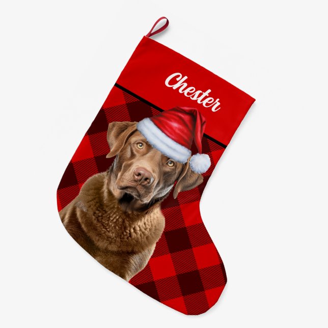 Chesapeake Retriever Holiday Plaid Personalized Large Christmas Stocking (Front (Hanging))