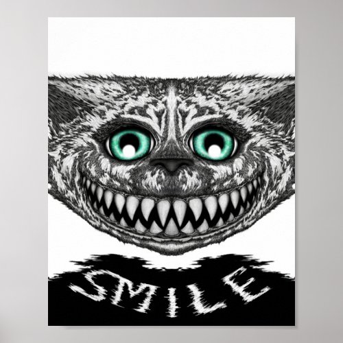 Cheshire cat black and white line art smile poster
