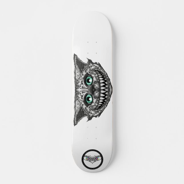 Cheshire cat black and white line art smile skateboard (Front)