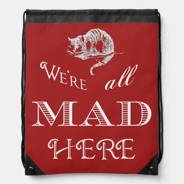 Cheshire Cat Mad Red Drawstring Backpack (Front)