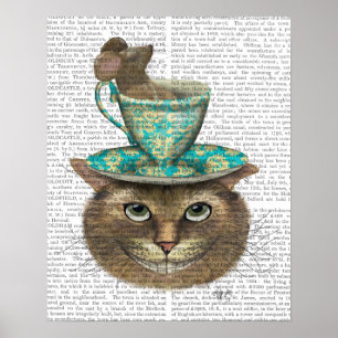 Cheshire Cat with Cup on Head Poster