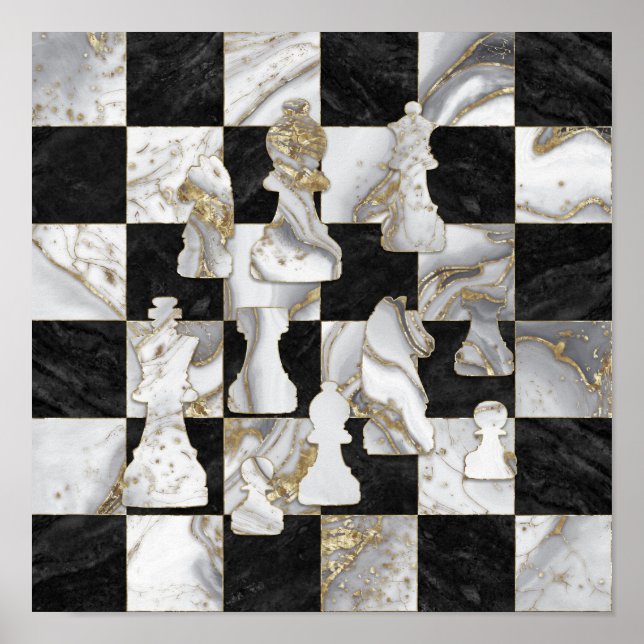 Chess Abstract Art - Black Marble and Pearl Poster (Front)