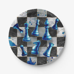 Chess Abstract Art - Blue Marble Paper Plates