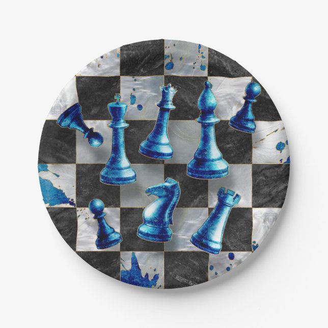 Chess Abstract Art - Blue Marble Paper Plates (Front)