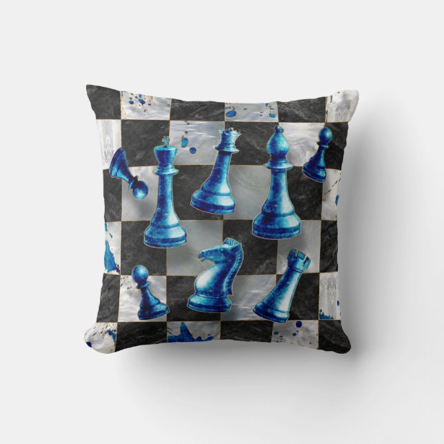 Chess Abstract Art - Blue Marble Throw Pillow (Front)