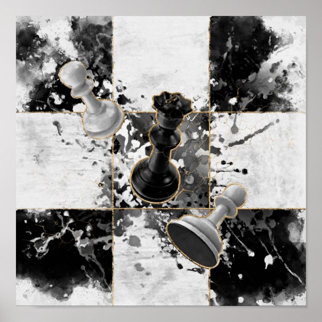 Chess abstract art Watercolor and Gold Poster (Front)