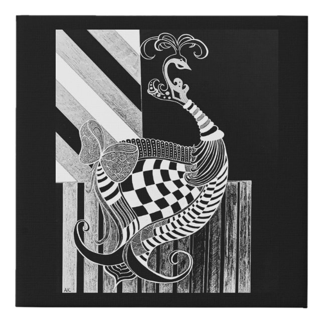 Chess and Bow NIGHT ink peacock illustration Faux Canvas Print (Front)