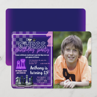 Chess Birthday Party Invitation Custom Photo Neon