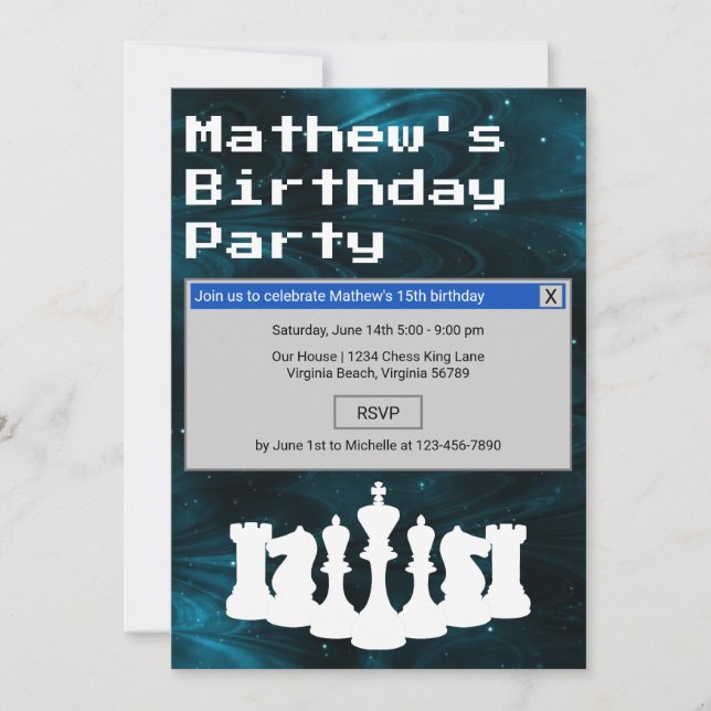 Chess Blue Nebula Chess Pieces Retro Birthday Invitation (Front)