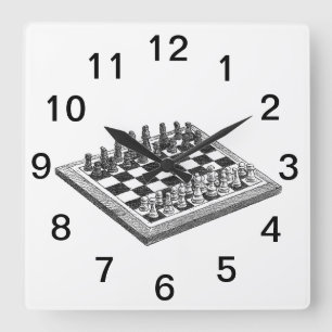 Chess Board and Chess Pieces Vintage Art Square Wall Clock
