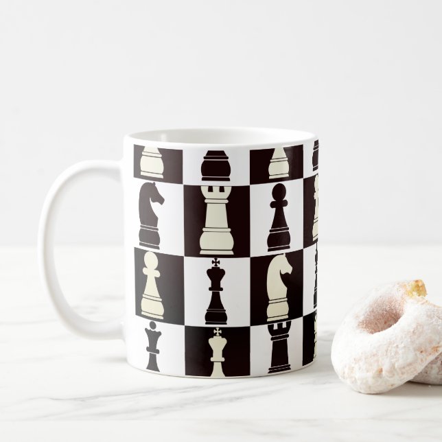 Chess Board Black and White Pattern Coffee Mug (With Donut)