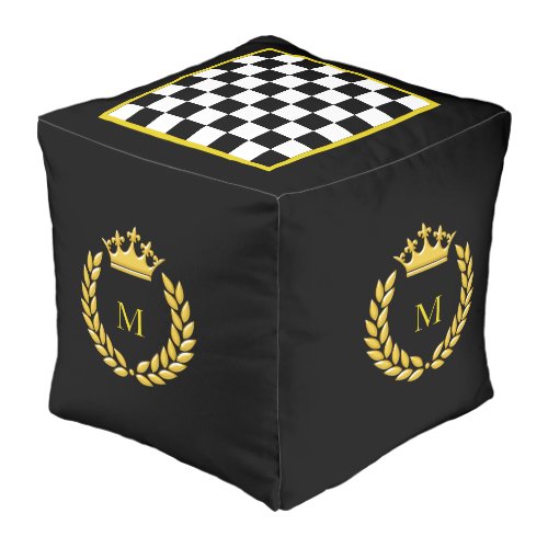 Chess Board Golden Crown  Laurel on Black Pouf
