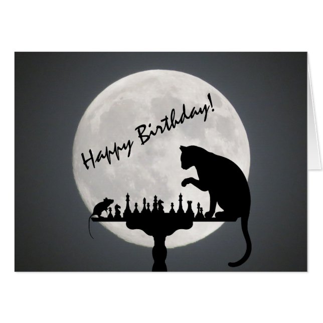 Chess Cat and Mouse Full Moon BIG Happy Birthday Card (Front Horizontal)