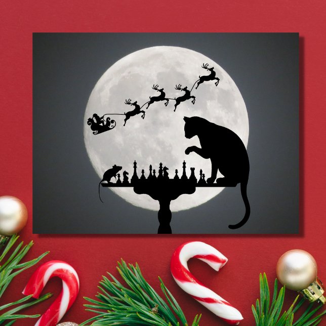 Chess Cat and Mouse Game Santa Full Moon Christmas Holiday Postcard (Creator Uploaded)