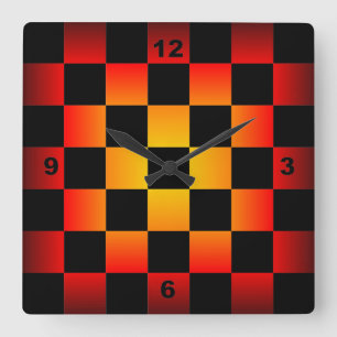 Chess ~ Checkerboard Clock Black & Fire Background