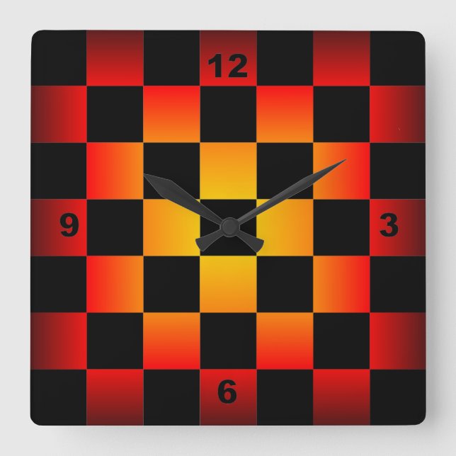 Chess ~ Checkerboard Clock Black & Fire Background (Front)