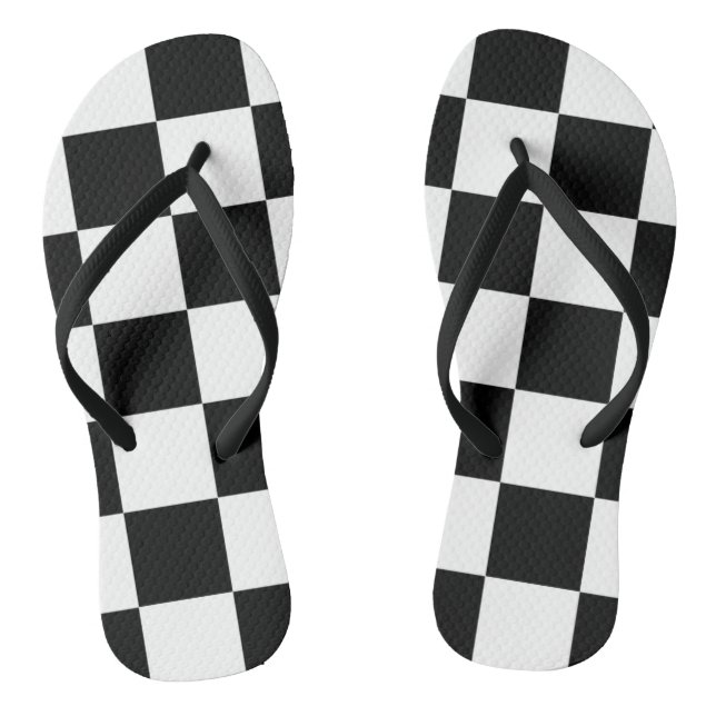 Chess ~ Checkerboard ~ Square Design Black & White Flip Flops (Footbed)