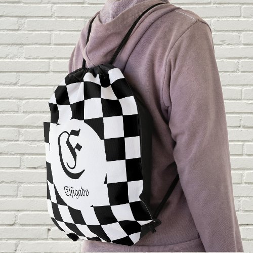 Chess Checkered Black and White _ Name initial Drawstring Bag