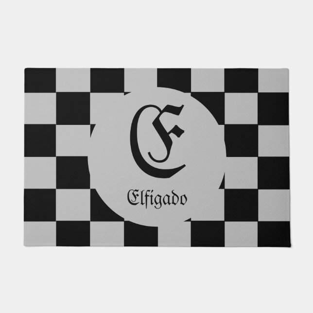 Chess Club Custom Name Initial Checkered Doormat (Front)