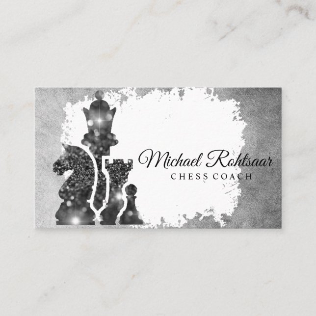 Chess Coach King Metallic Silver Faux Business Card (Front)