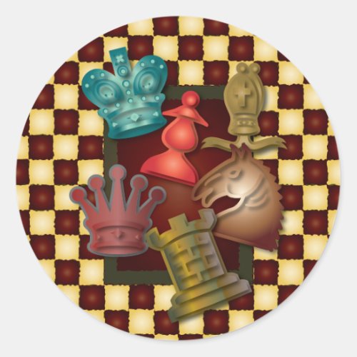 Chess Design King Queen Knight Bishop Pawn Classic Round Sticker