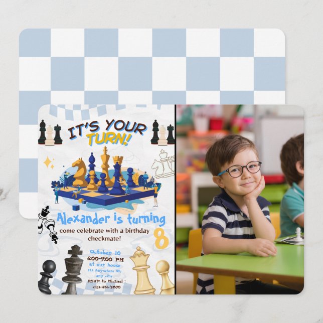 Chess Game Birthday Invite with Personal Photo (Front/Back)