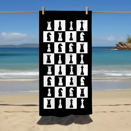 Chess Game Figures Black And White Pattern Beach Towel