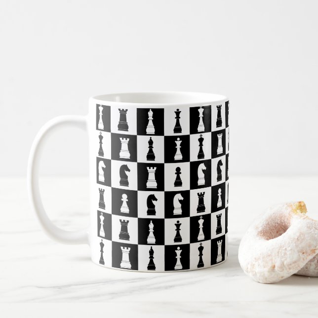 Chess Game Figures Black and White Pattern Coffee Mug (With Donut)