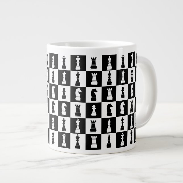 Chess Game Figures Black and White Pattern Large Coffee Mug (Front Right)