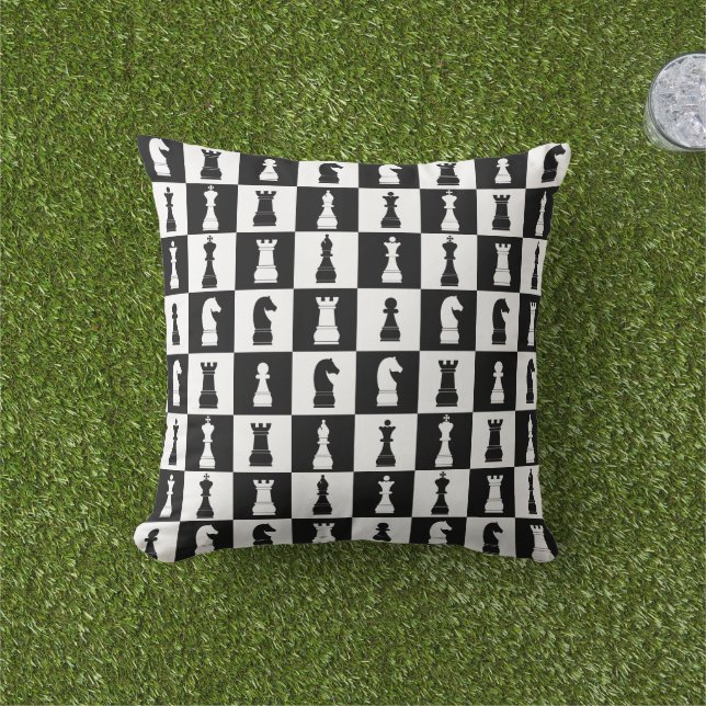 Chess Game Figures Black and White Pattern  Outdoor Pillow (Grass)