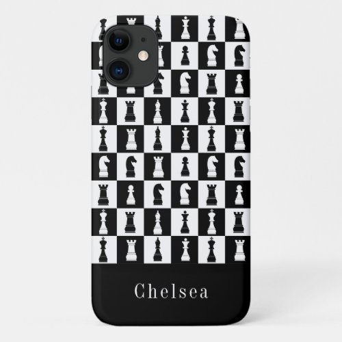 Chess Game Figures Pattern Black  White Name iPhone 11 Case