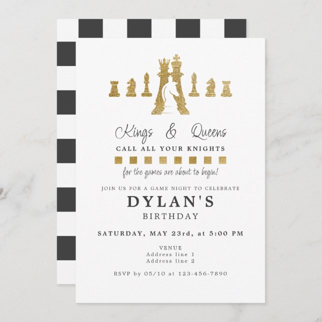 Chess Game Night Birthday Call Your Knights Gold Invitation (Front/Back)