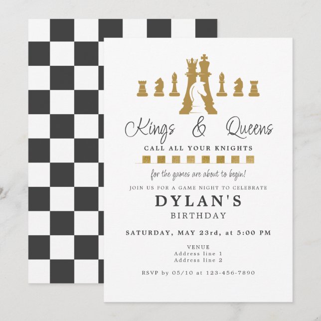 Chess Game Night Call Your Knights Gold Birthday  Invitation (Front/Back)