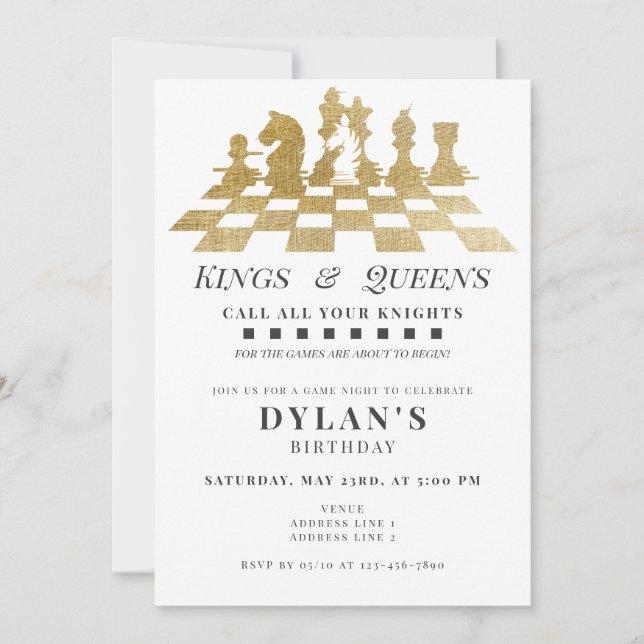 Chess Game Night Call Your Knights Gold Birthday Invitation (Front)