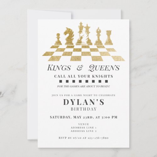 Chess Game Night Call Your Knights Gold Birthday Invitation