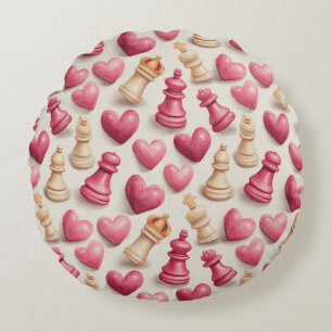 Chess & Hearts Valentines Pattern Round Pillow