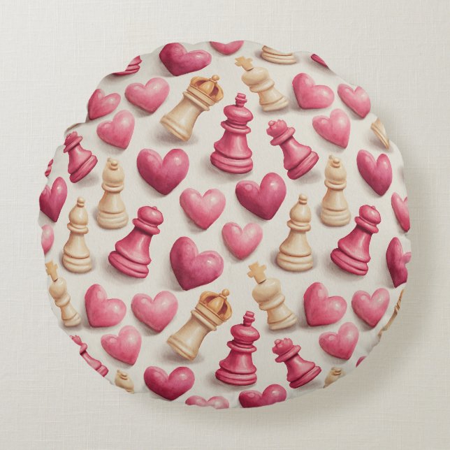 Chess & Hearts Valentines Pattern Round Pillow (Front)