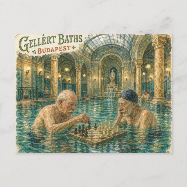 Chess in the Gellert Baths Budapest Hungary Postcard (Front)