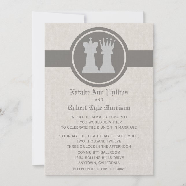 Chess King and Queen Wedding Invitation, Gray Invitation (Front)