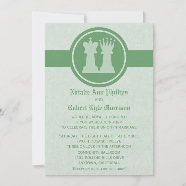 Chess King and Queen Wedding Invitation, Green Invitation (Front)