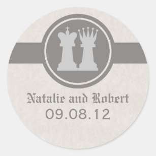 Chess King and Queen Wedding Stickers, Gray Classic Round Sticker