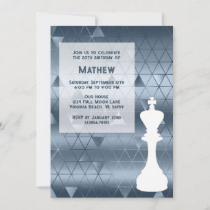 Chess King Geometric Dusty Blue and White Birthday Invitation