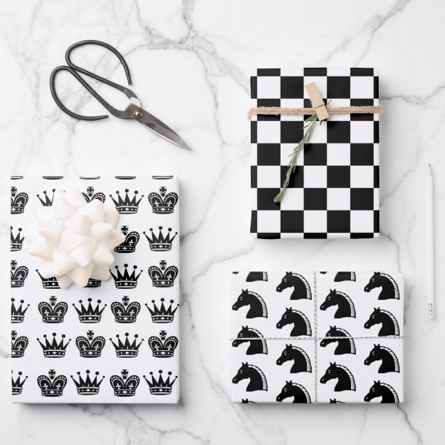 Chess King Queen Knight Black White Pattern Fun Wrapping Paper Sheets (Front)