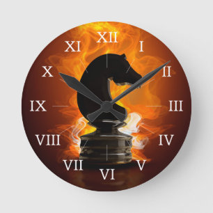 Chess Knight in Flames Round Clock
