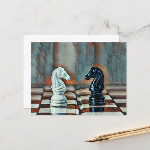 Chess Knights Chess Board Artistic Blue Orange Postcard