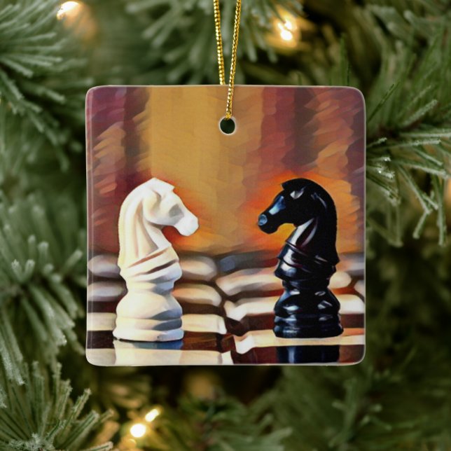 Chess Knights Chess Board Personalized Christmas Ceramic Ornament (Tree)