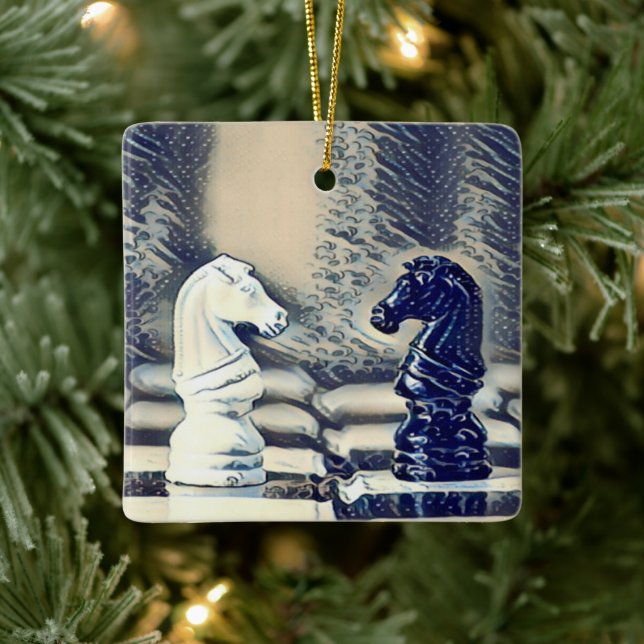 Chess Knights Chess Board Personalized Christmas Ceramic Ornament (Tree)
